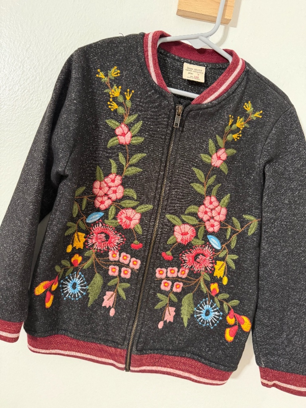 Zara Girls Size 7 Floral Embroidered Bomber Jacket Black Boho Varsity Zip Up